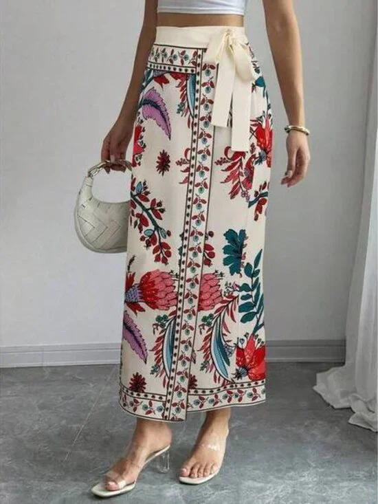 Elenzga Women's Summer Vacation Floral Print Wrap Tie Waist Skirt - Picture 3 of 4